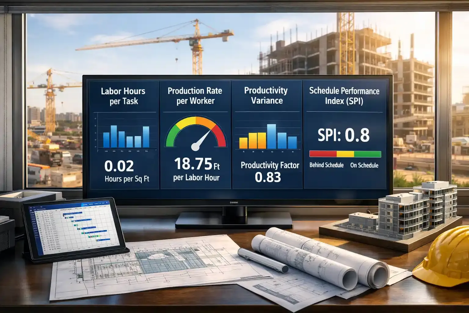 Construction productivity dashboard tracking labor, output, variance, and SPI